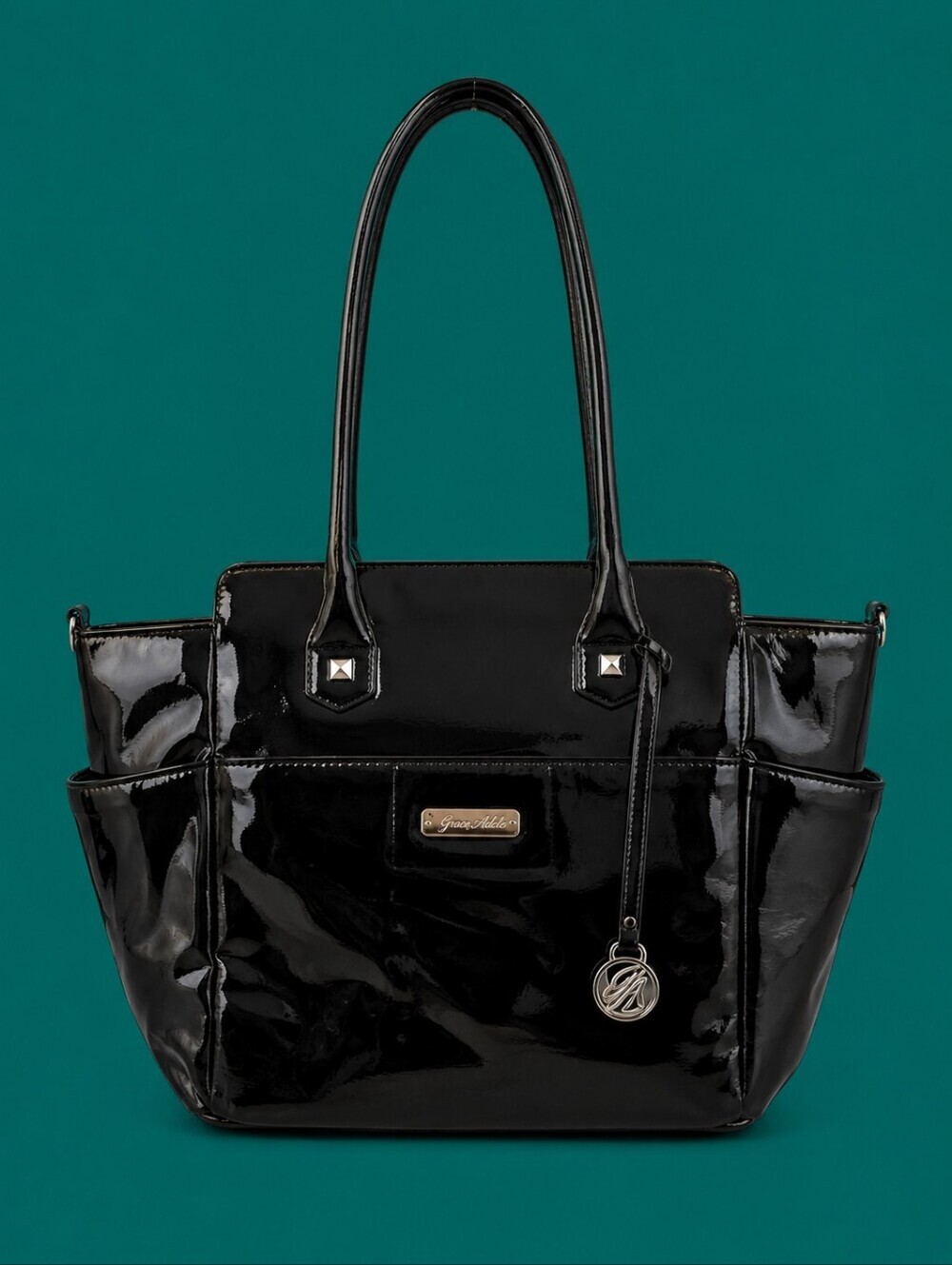 GRACE ADELE Black Patent Faux Leather Carryall Tote Sadie Shoulder Nappy Bag